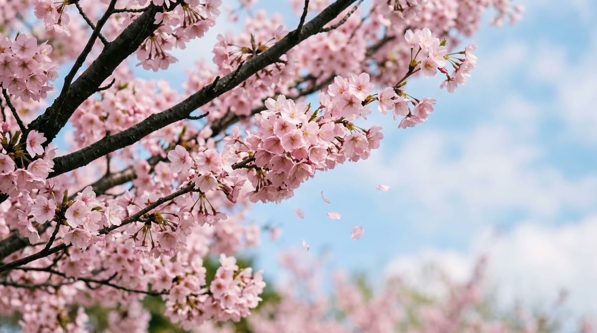 Branches of pink cherry blossom against a spring sky