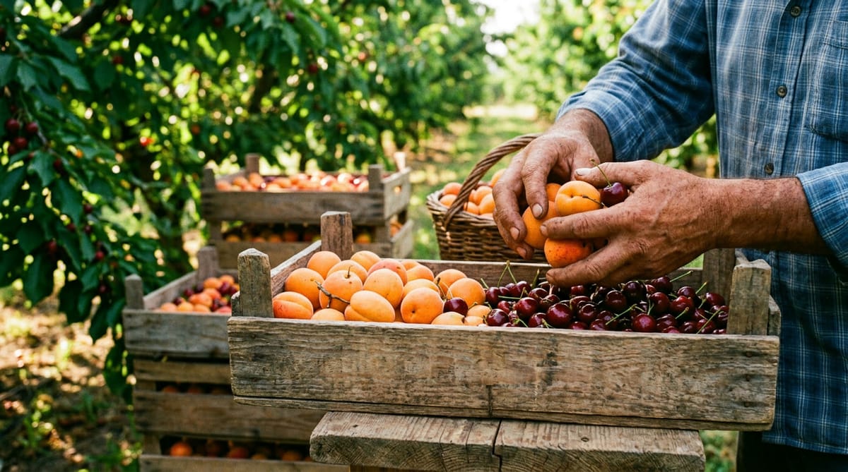 Hands sorting fresh apricots and cherries into a wooden fruit box