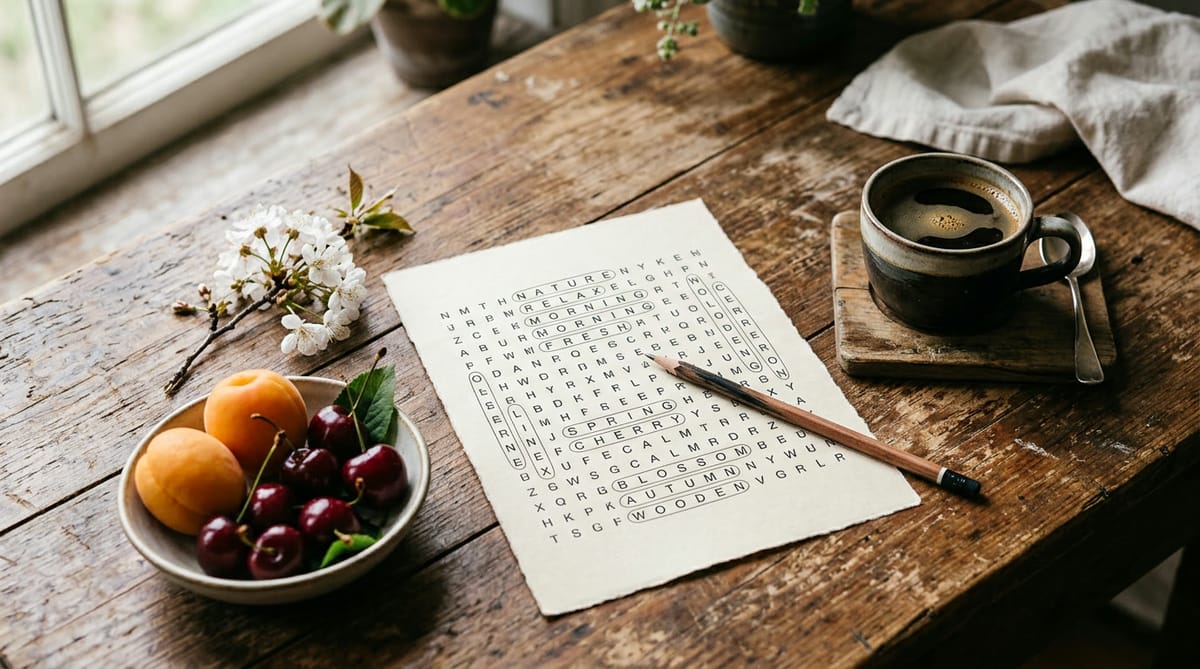 A word search, a pencil, coffee, cherries and apricots on a wooden table